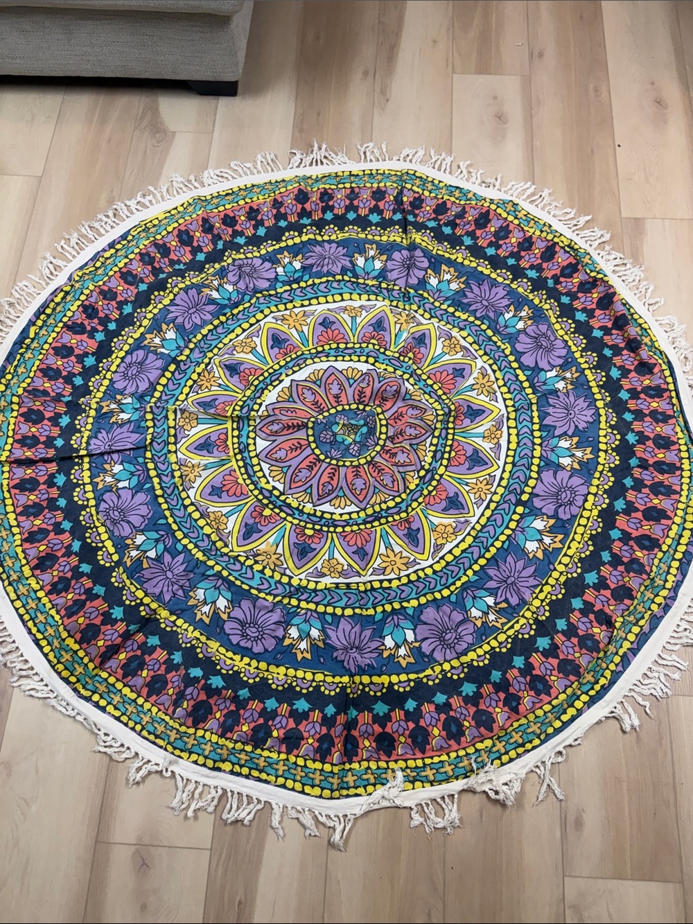Boho Round Floral Mandala Tapestry Throw - Purple, Blue, Yellow